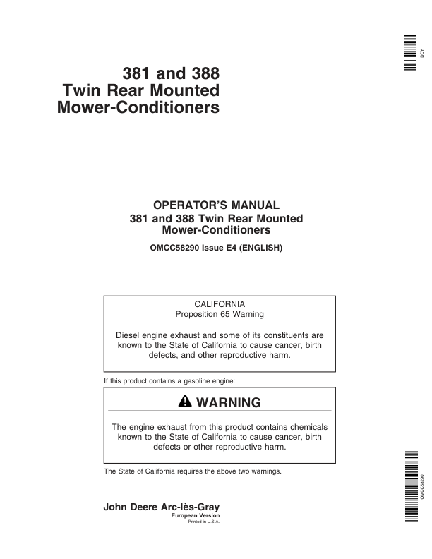 John Deere Double mower / conditioners back of the tractor, type 381, 388 (Ser. -283 699) Operator's Manual (OMCC58290)