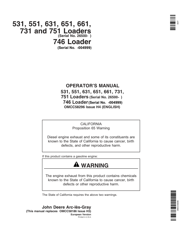 John Deere 531, 551, 631, 651, 661, 731, 751, 746 Loaders Operator's Manual (OMCC58296)