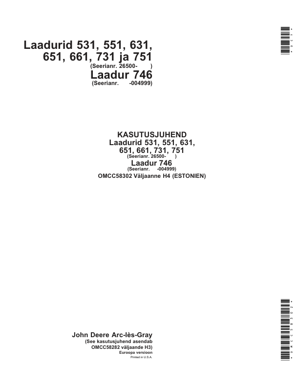 John Deere 531, 551, 631, 651, 661, 731, 751, 746 Loaders Operator's Manual (OMCC58302)