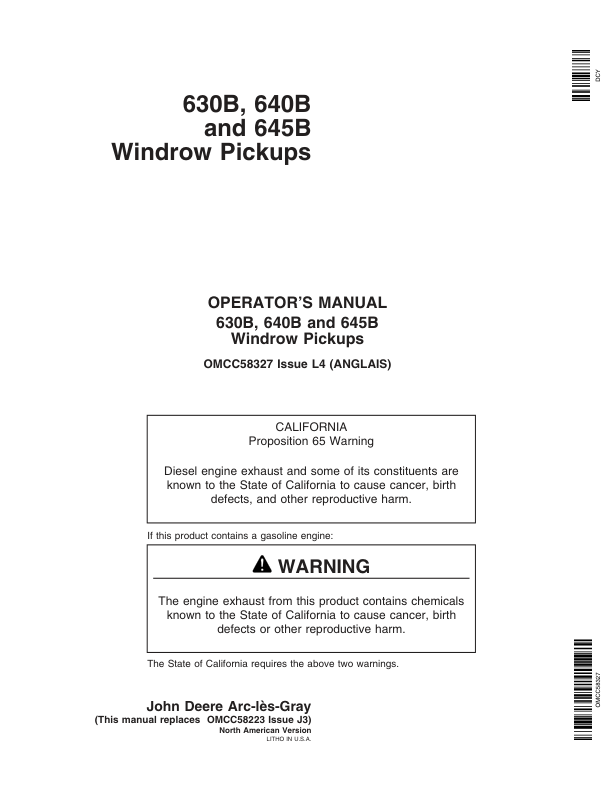 John Deere 630B, 640B, 645B Windrow Pickups (-106482) Operator's Manual (OMCC58327)
