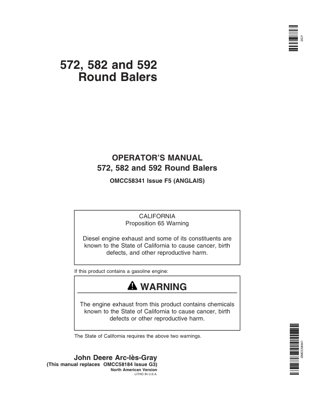 John Deere 572, 582, 592 Round Balers Operator's Manual (OMCC58341)