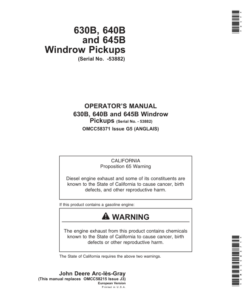 John Deere 630B, 640B & 645B Windrow Pickups Operator's Manual (OMCC58371)