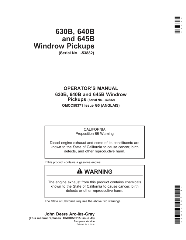 John Deere 630B, 640B & 645B Windrow Pickups Operator's Manual (OMCC58371)