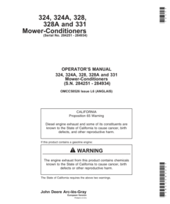 John Deere 324, 324A, 328, 328A, 331 Mower-Conditioners Operator's Manual (OMCC58526)