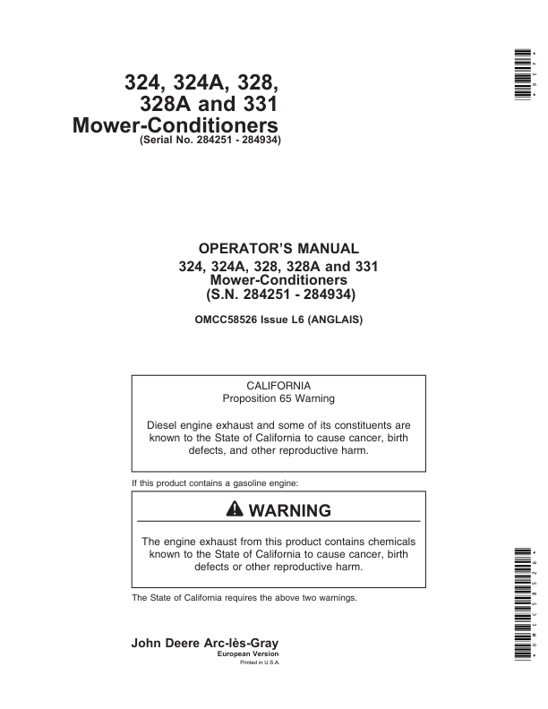 John Deere 324, 324A, 328, 328A, 331 Mower-Conditioners Operator's Manual (OMCC58526)