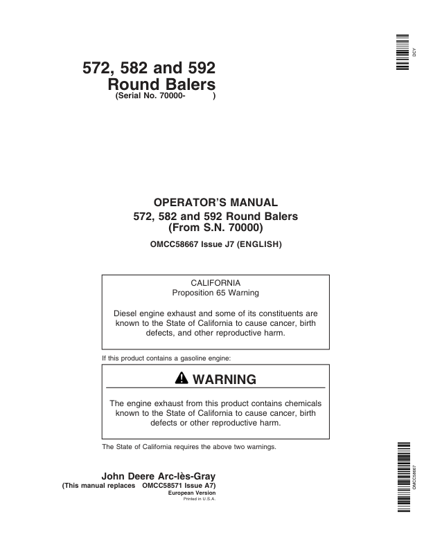 John Deere 572, 582 & 592 Round Balers Operator's Manual (OMCC58667)