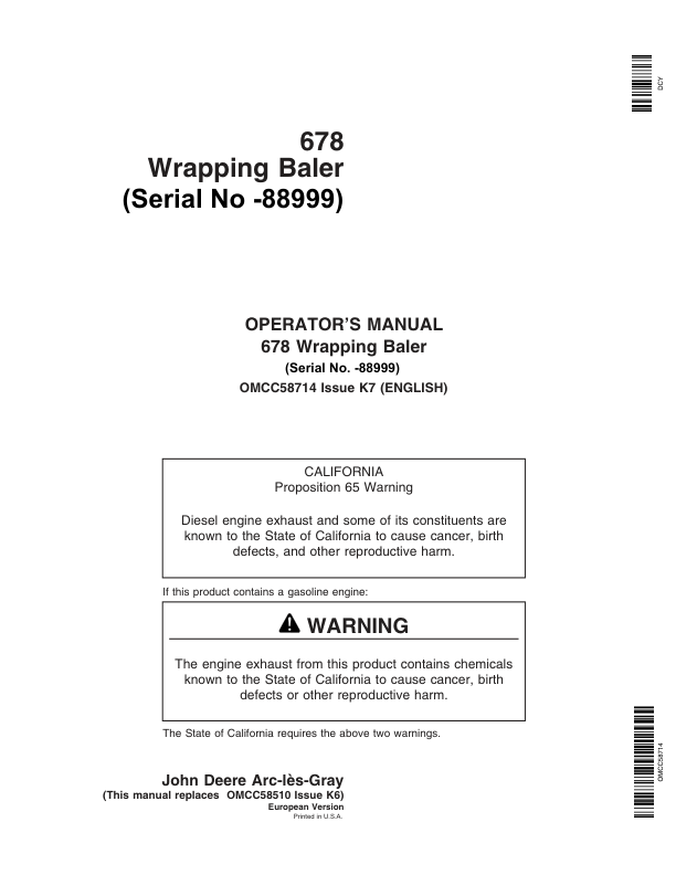 John Deere 678 Wrapping Baler Operator's Manual (OMCC58714)