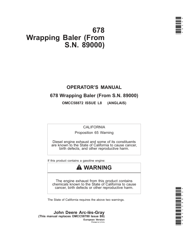 John Deere 678 Wrapping Baler Operator's Manual (OMCC58872)