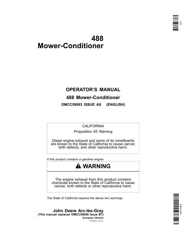John Deere 488 Mower Conditioners Operator's Manual (OMCC58893)