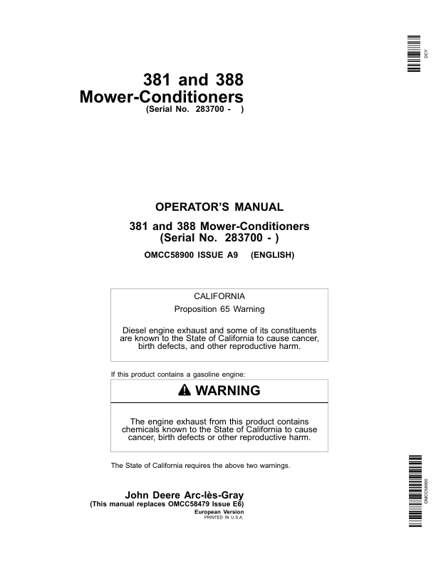 John Deere 381, 388 Mower Conditioner Operator's Manual (OMCC58900)