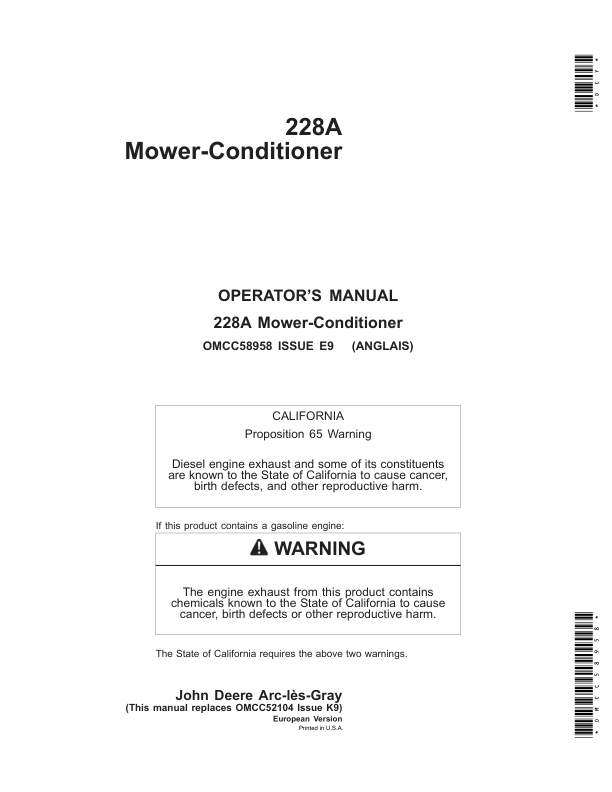John Deere 228A Mower-Conditioner Operator's Manual (OMCC58958)