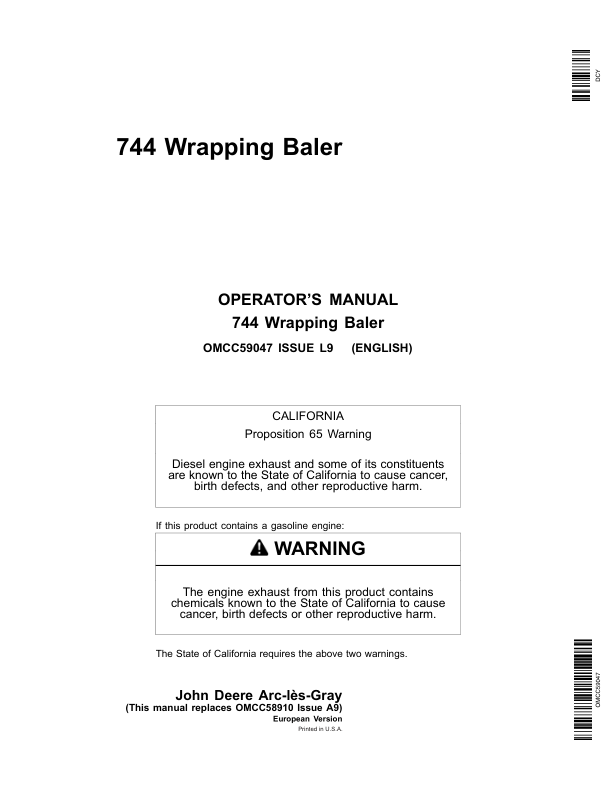 John Deere 744 Wrapping Baler Operator's Manual (OMCC59047)
