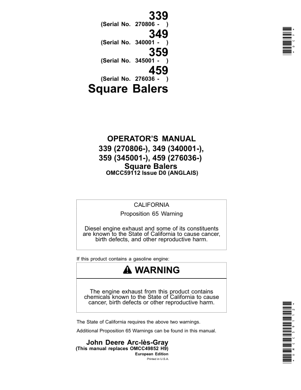 John Deere 339, 349, 359 & 459 Square Balers Operator's Manual (OMCC59112)