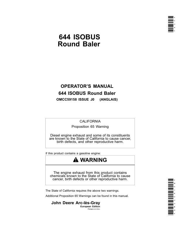 John Deere 644 ISOBUS Round Baler Operator's Manual (OMCC59158)