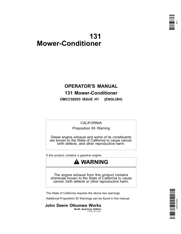 John Deere 131 Mower Conditioner Operator's Manual (OMCC59203)