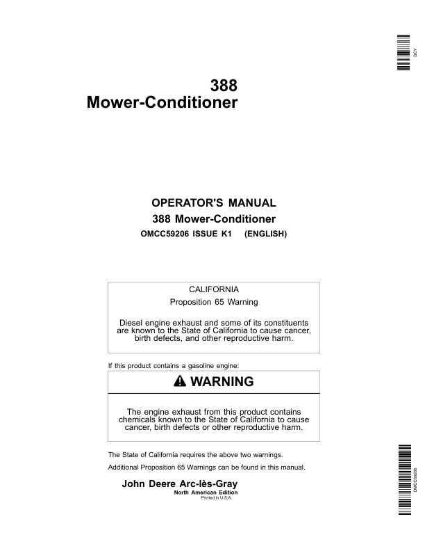 John Deere 388 Mower-Conditioner (North American) Operator's Manual (OMCC59206)