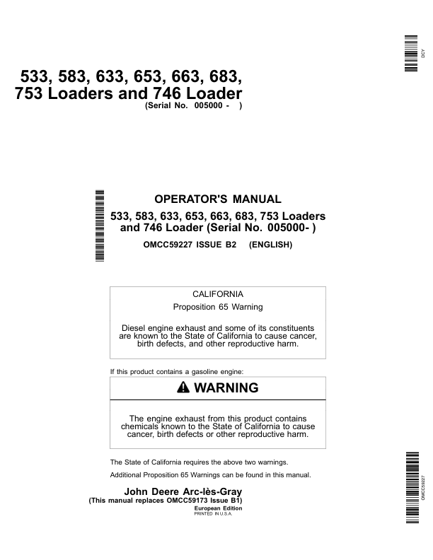 John Deere 533, 583, 633, 653, 663, 683, 753, 746 Loaders Operator's Manual (OMCC59227)