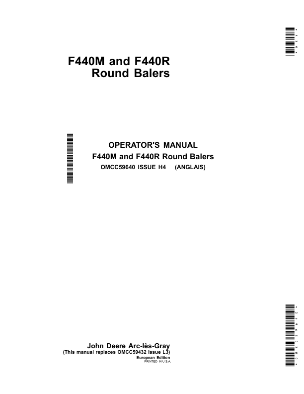John Deere F440M, F440R Round Balers Operator's Manual (OMCC59640)