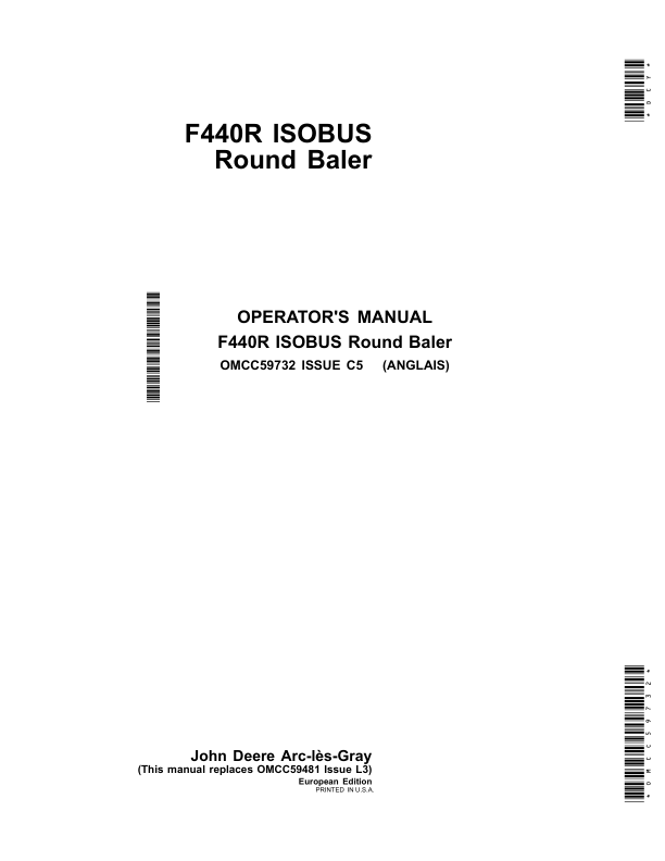 John Deere F440R ISOBUS Round Balers European Edition Operator's Manual (OMCC59732)