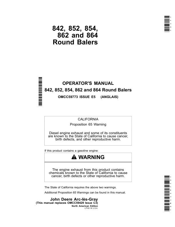 John Deere 842, 852, 854, 862 & 864 Round Balers North America Operator's Manual (OMCC59773)