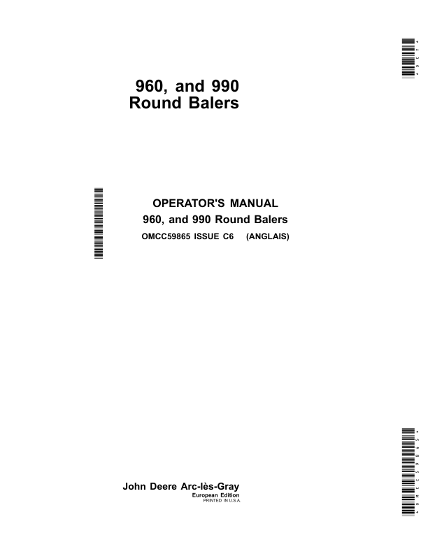 John Deere 960 & 990 Round Balers Operator's Manual (OMCC59865)