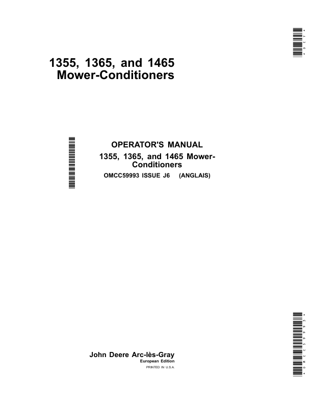 John Deere 1355, 1365 & 1465 Mower-Conditioners (European Edition) Operator's Manual (OMCC59993)