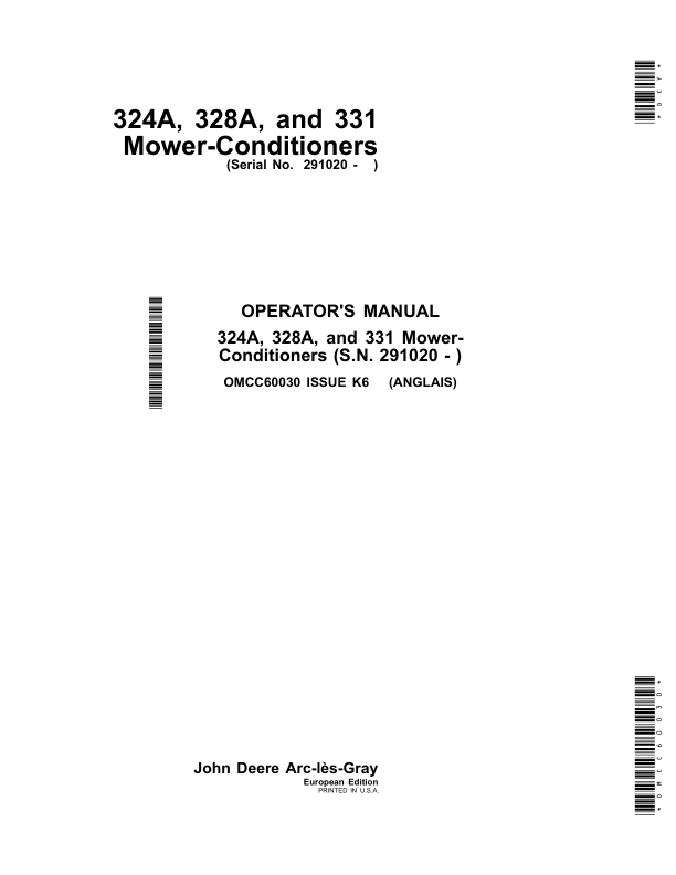John Deere 324A, 328A & 331 Mower-Conditioners (291020-) Operator's Manual (OMCC60030)