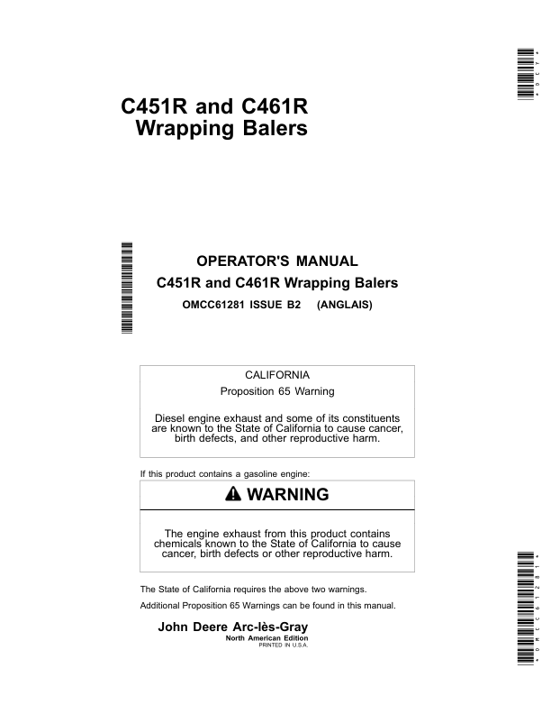 John Deere C451R, C461R Wrapping Balers (North American) Operator's Manual (OMCC61281)