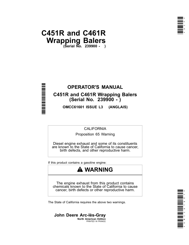 John Deere C451R, C461R Wrapping Balers (239900-) (North American) Operator's Manual (OMCC61601)
