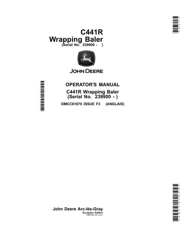 John Deere C441R Wrapping Baler (239900-) (European Edition) Operator's Manual (OMCC61670)