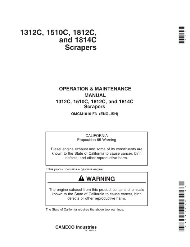 John Deere 1312C, 1510C (-001222), 1812C (-001809), 1814C (-001161) Carry- All Scrapers Operator's Manual (OMCM1010)