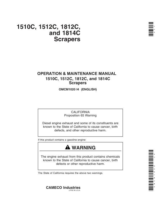 John Deere 1510C (001223-), 1512C (001000-), 1812C (001810-), 1814C (001162-) Carry-All Scrapers Operator's Manual (OMCM1020)