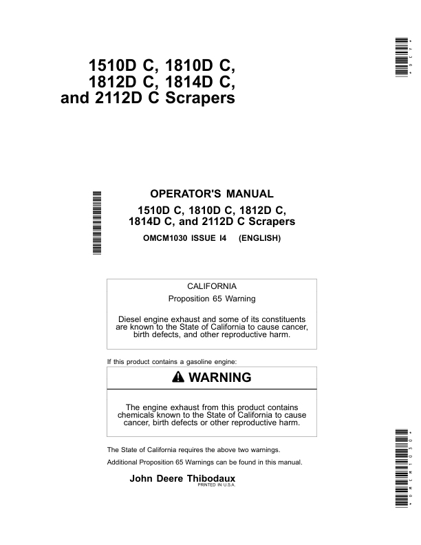 John Deere 1510C, 1512C, 1810C, 1812C, 1814C, 2112C Scrapers Operator's Manuals (OMCM1030)