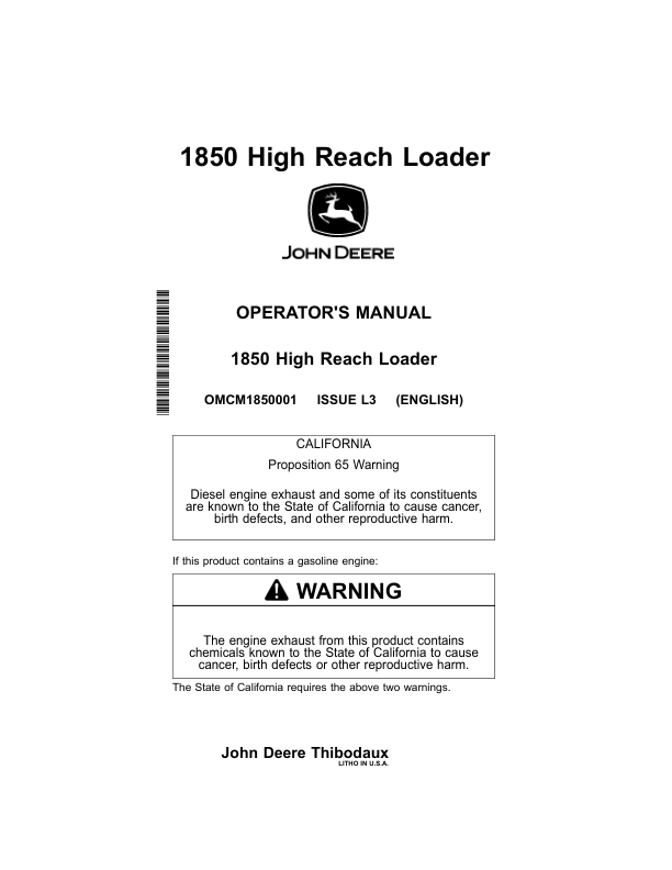 John Deere 1850 High Reach Loader (060236-) Operator's Manual (OMCM1850001)