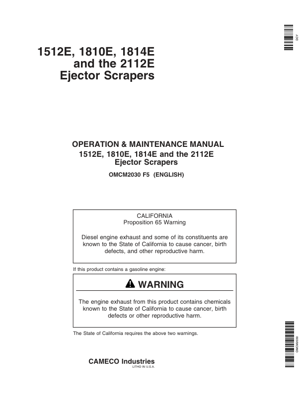 John Deere 1512E, 1810E, 1814E & 2112E Ejector Scrapers North America (000000-060200) Operator's Manual (OMCM2030)
