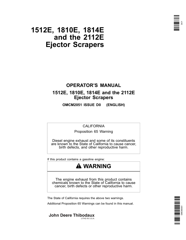 John Deere 1512E, 1810E, 1814E & 2112E Ejector Scrapers North America (070000-079999) Operator's Manual (OMCM2051)