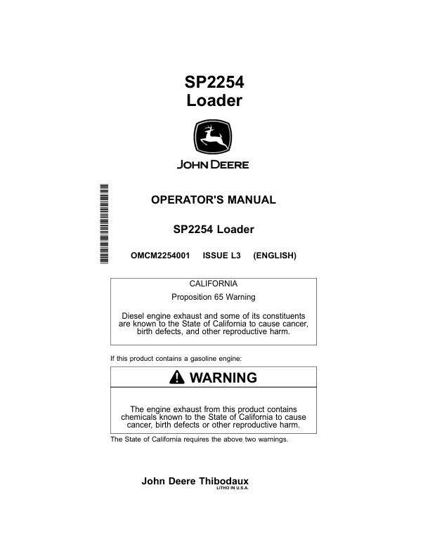John Deere 2254 Sugarcane Loader North America (060210-110700) Operator's Manual (OMCM2254001)