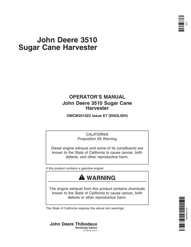 John Deere 3510 Sugar Cane Harvester (070301-) Operator's Manual (OMCM351022)