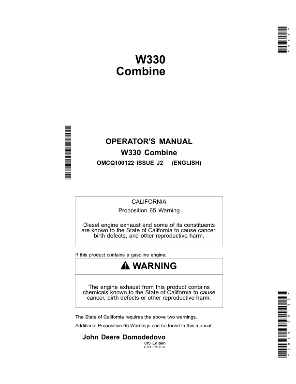 John Deere W330 Combine Commonwealth of Independent States Operator's Manual (OMCQ100122)