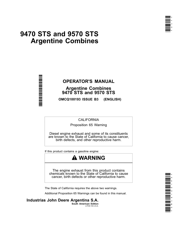 John Deere 9470 STS, 9570 STS Argentine Combines Operator's Manual (OMCQ100193)