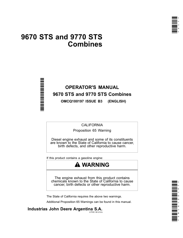 John Deere 9670 STS & 9770 STS Combines Manufactured in Argentina Operator's Manual (OMCQ100197)