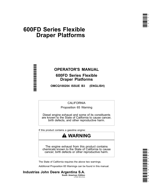 John Deere 600FD Series Flexible Draper Platforms South American Edtion Manufactured in Argentina Operator's Manual (OMCQ100204)