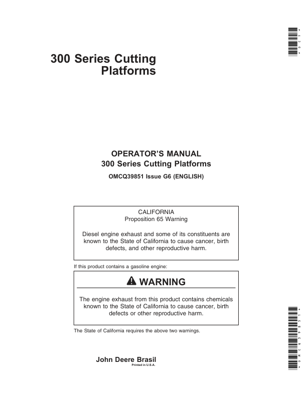 John Deere 312, 314, 316, 319, 323 Cutting Platforms Operator's Manual (OMCQ39851)