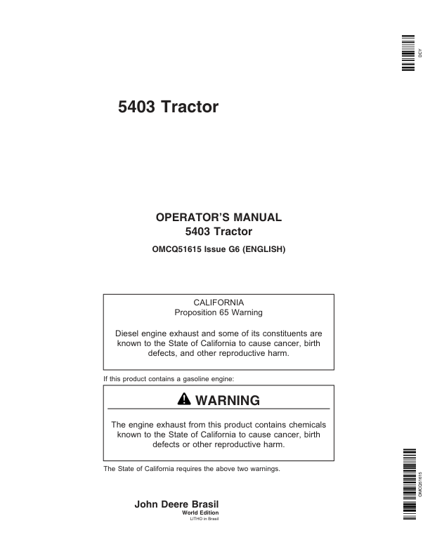 John Deere 5403 Tractor Operator's Manual (OMCQ51615)