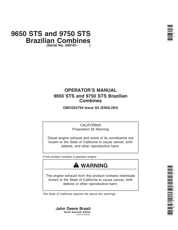 John Deere 9650 STS, 9750 STS Brazilian Combines(000181-) Operator's Manual (OMCQ52794)