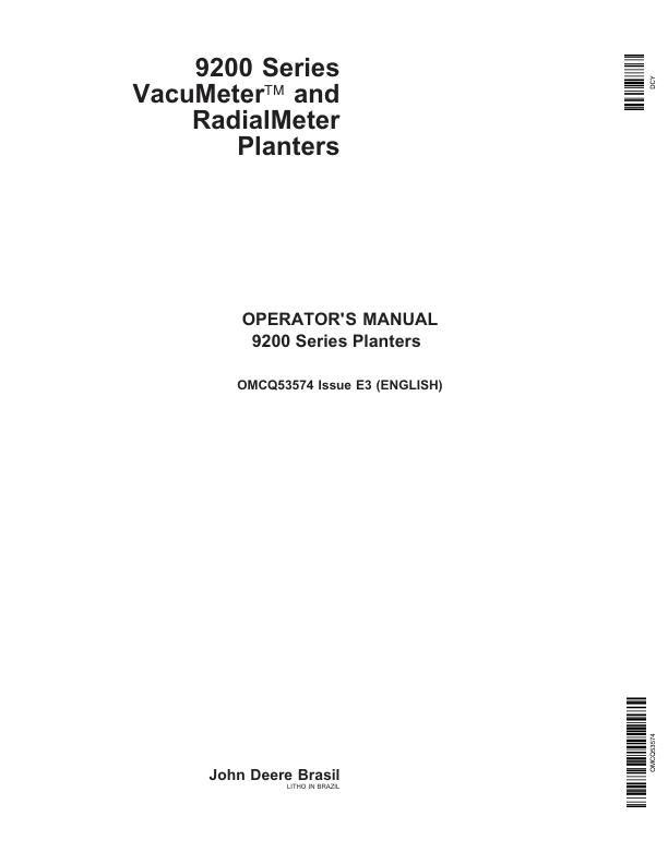 John Deere 9200 Series Vacu Meter & Radial Meter Planters Operator's Manual (OMCQ53574)