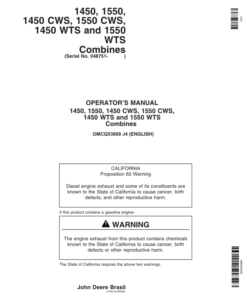 John Deere 1450, 1550, 1450CWS, 1550CWS, 1450WTS, 1550 WTS Combine Operator's Manual (OMCQ53869)