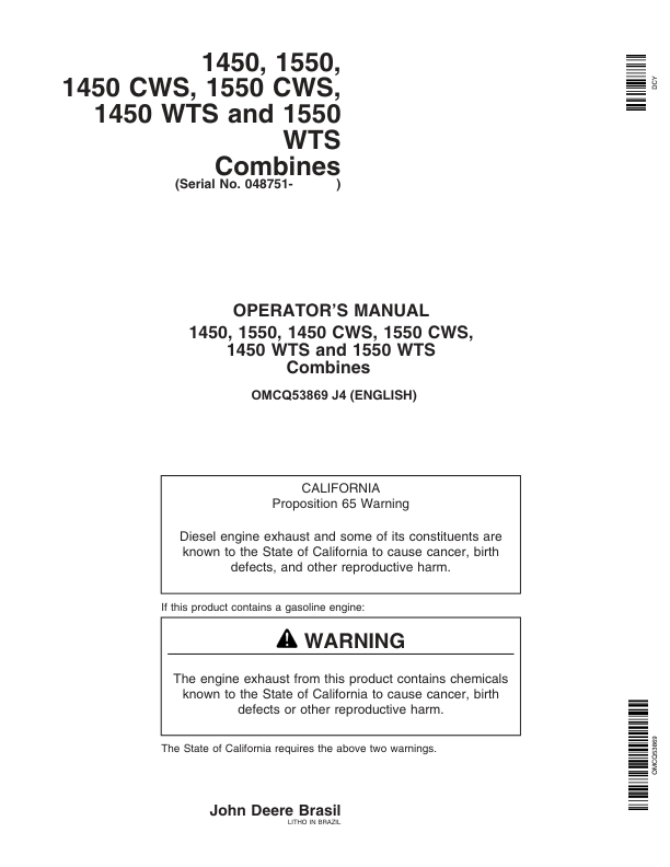 John Deere 1450, 1550, 1450CWS, 1550CWS, 1450WTS, 1550 WTS Combine Operator's Manual (OMCQ53869)