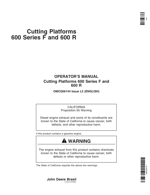 John Deere Plataformas de corte series 600 F y 600 R Operator's Manual (OMCQ56144)