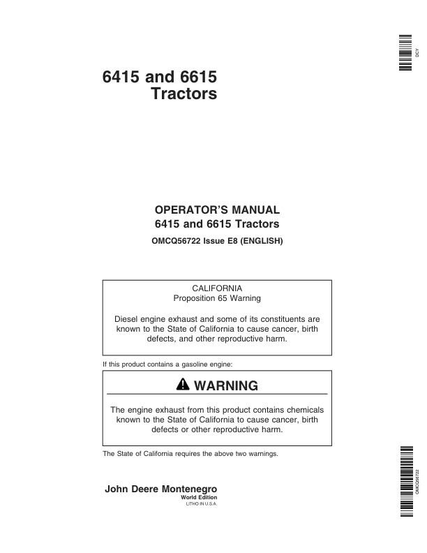 John Deere 6415, 6615 Tractor Operator's Manual (OMCQ56722)